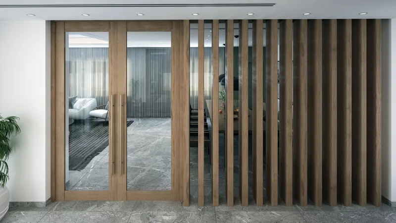 Ahşap lamel bir bölme duvarla ayrılmış modern bir mekân