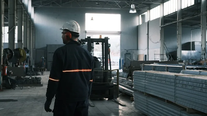 Depo içinde forklift kullanan bareti ve yeleği takan bir çalışan