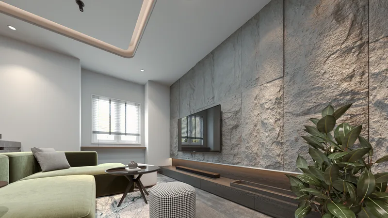 Taş duvarlı, yeşil koltuklu modern bir salon
