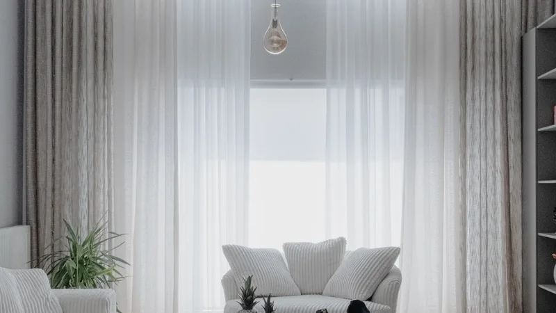Gri koltuklu, tül perdeli minimalist bir salon