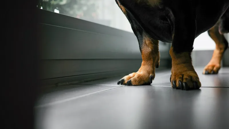 Bir köpeğin ayaklarıyla koyu renk seramik zemin üzerinde yürüyüşü