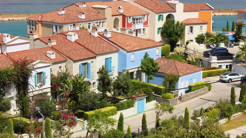 Kıyı şeridinde renkli çatılı, bahçeli yazlık villaların ve sitelerin kuşbakışı görünümü