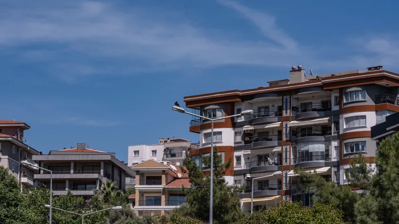 Palmiye ağaçlarıyla çevrili, modern beyaz bir apartman kompleksi