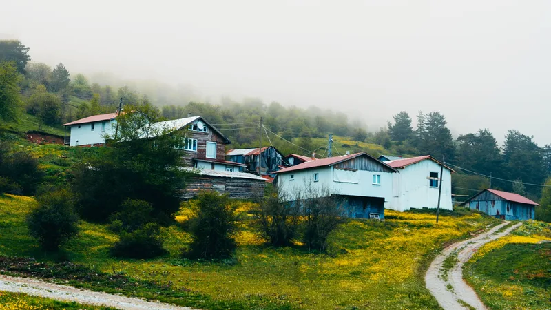 Sis içindeki dağlık bir köyde birkaç ev