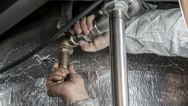 Lavabo altındaki boru bağlantısını sıkan bir tesisatçının elleri