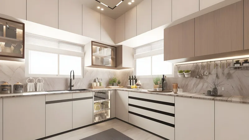 Bej tonlarda modern L tipi mutfak dolabı
