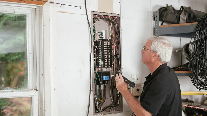 Bir elektrikçinin el feneriyle açık sigorta panosunu incelemesi