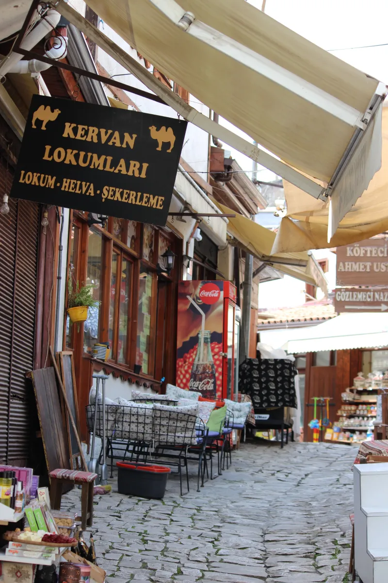 Kaldırım taşlı bir çarşı sokağında turistik dükkanlar ve tabelalar
