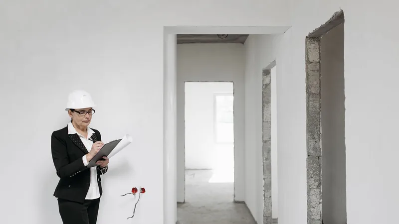 Sıvasız bir dairede baretli mühendisin kontrol yapması