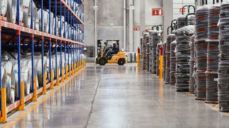 Raflarla dolu geniş bir depo içinde çalışan bir forklift