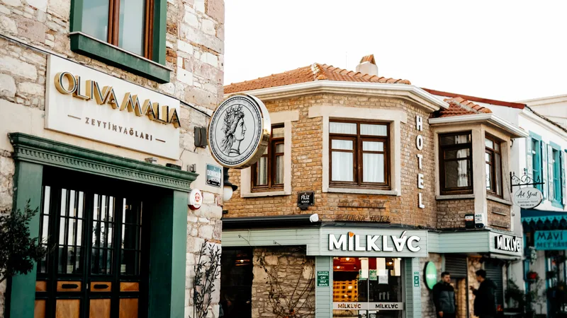 Taş cepheli evlerin sıralandığı dar bir Urla sokağı