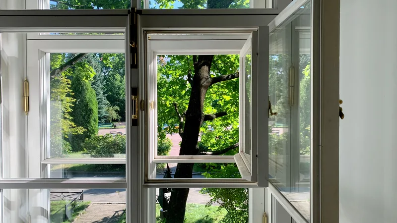 Bahçeye açılan çift camlı, ahşap çerçeveli pencere